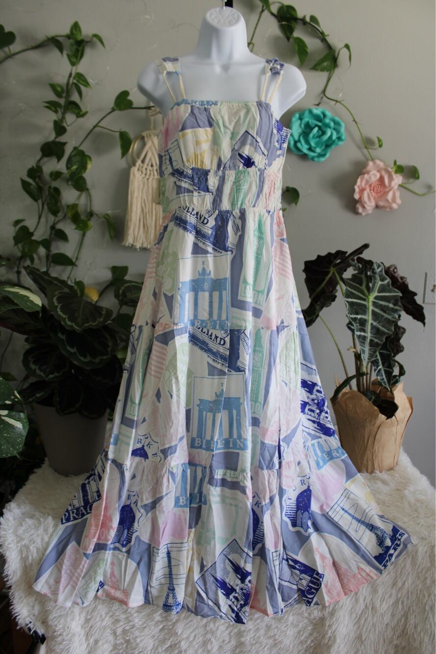 NWT Prosperina Size M European Travel Print Smocked Tiered Maxi Dress